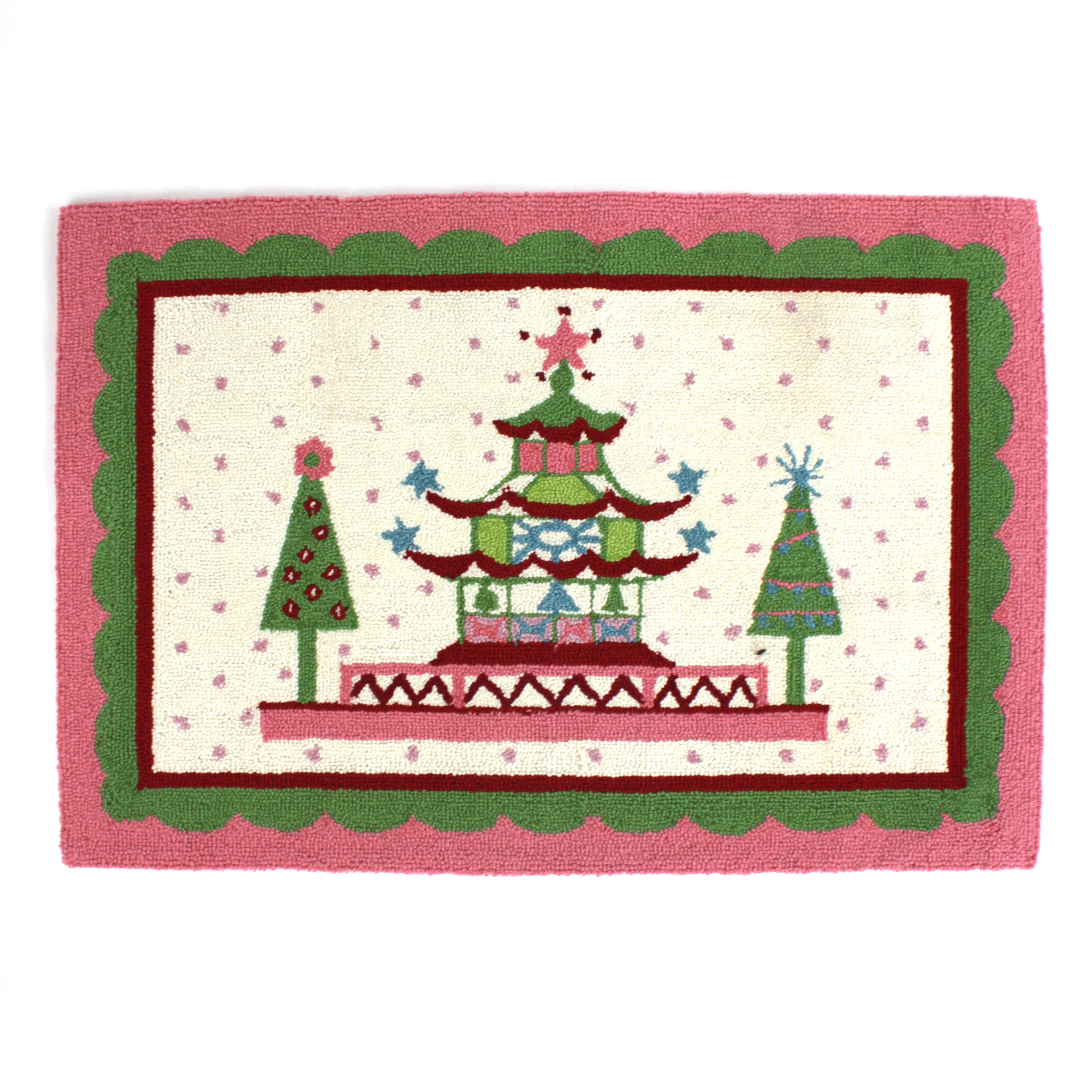 Pink and green rug with pagoda and christmas tree motifs