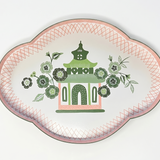 Oh, Pagoda Green and Pink Hand-Painted Tole Metal Tray
