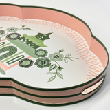 Oh, Pagoda Green and Pink Hand-Painted Tole Metal Tray