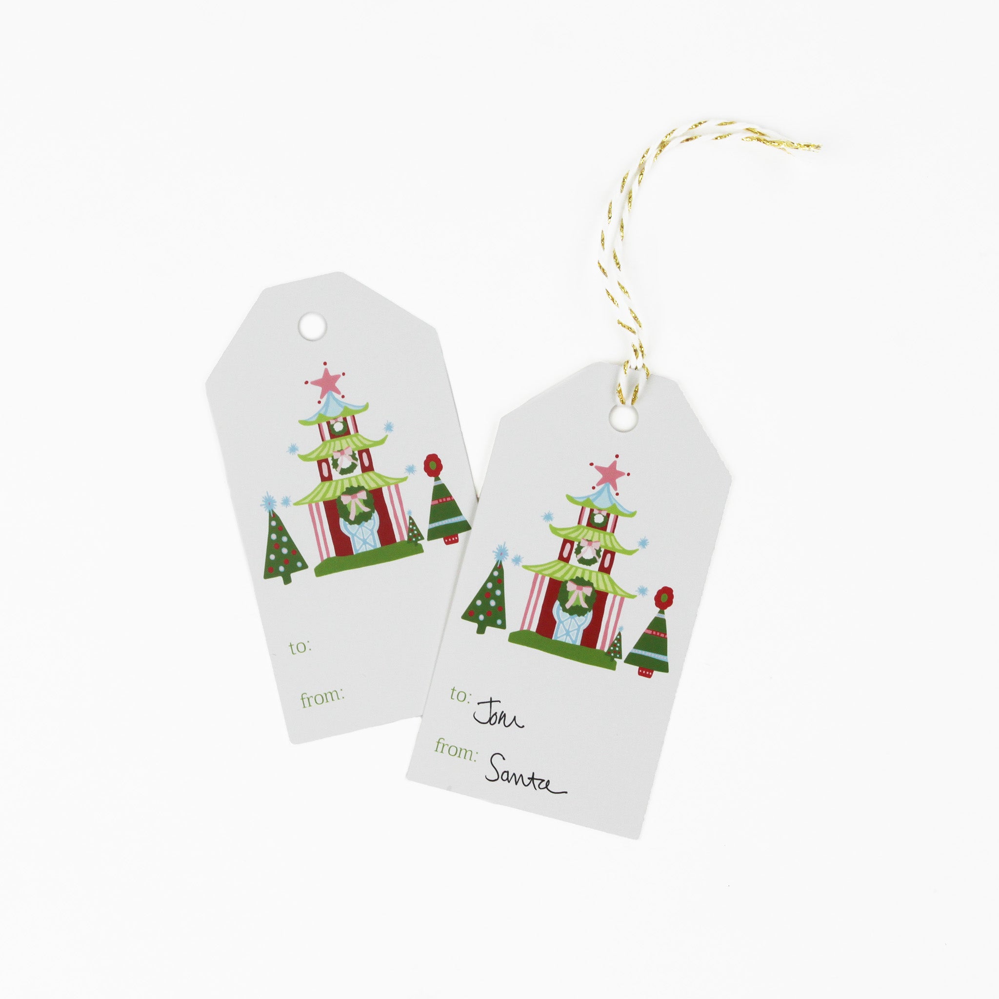 2 gift tags with pagodas chinoiserie christmas design with a space for personal message