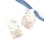 Elegant chinoiserie gift tags featuring whimsical pagodas, delicate pink florals, and personalized To and From fields.
