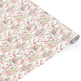 Elegant chinoiserie gift wrap roll featuring whimsical pagodas, delicate pink florals, and charming botanical patterns.