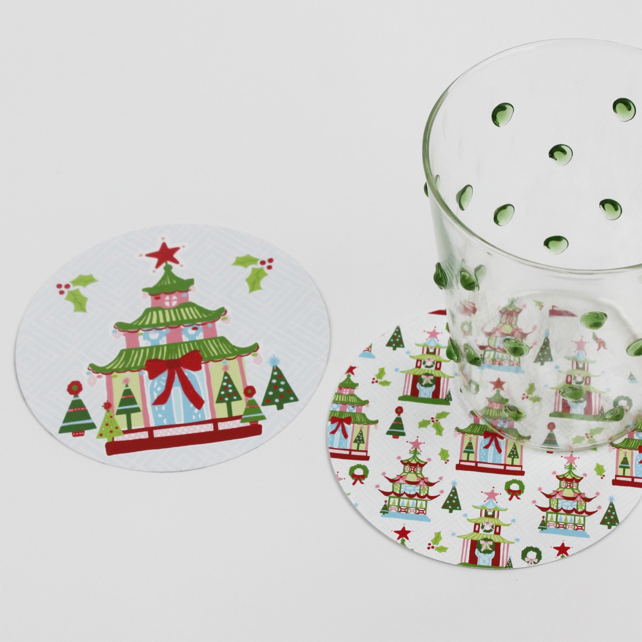Festive Pagodas Christmas Round Paper Coasters