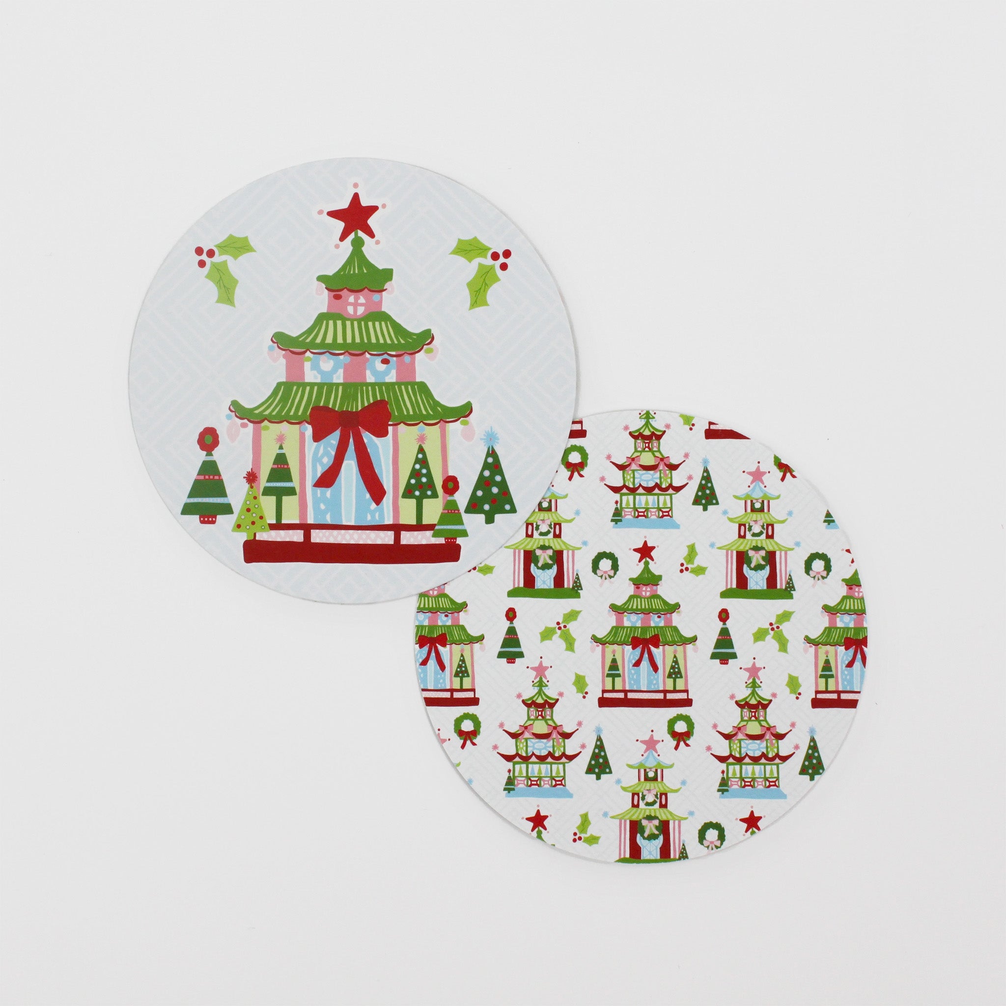 Festive Pagodas Christmas Round Paper Coasters
