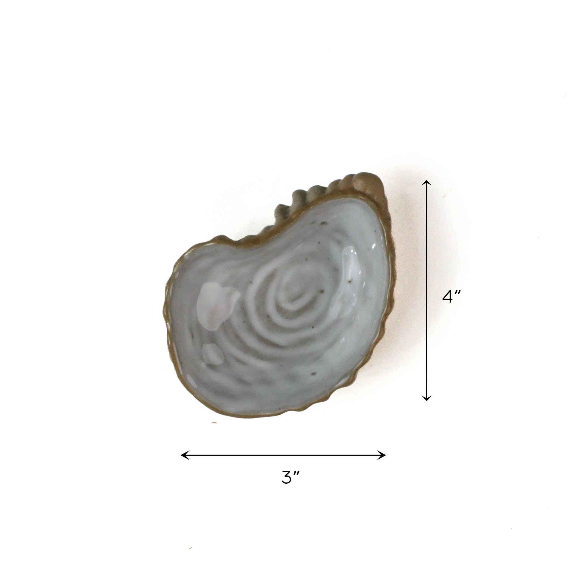 Small gray ceramic oyster-shaped dish with textured edge, shown on a white background with dimensions 3 inches wide and 4 inches tall.