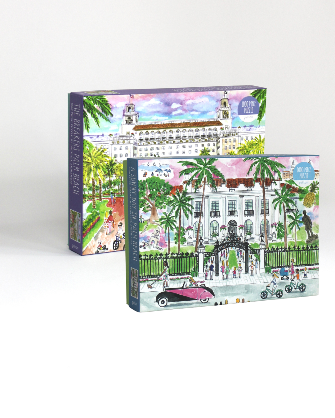 a set of two 1000 piece jigsaw puzzles featuring illustrations of the breakers and a white building in palm beach. 