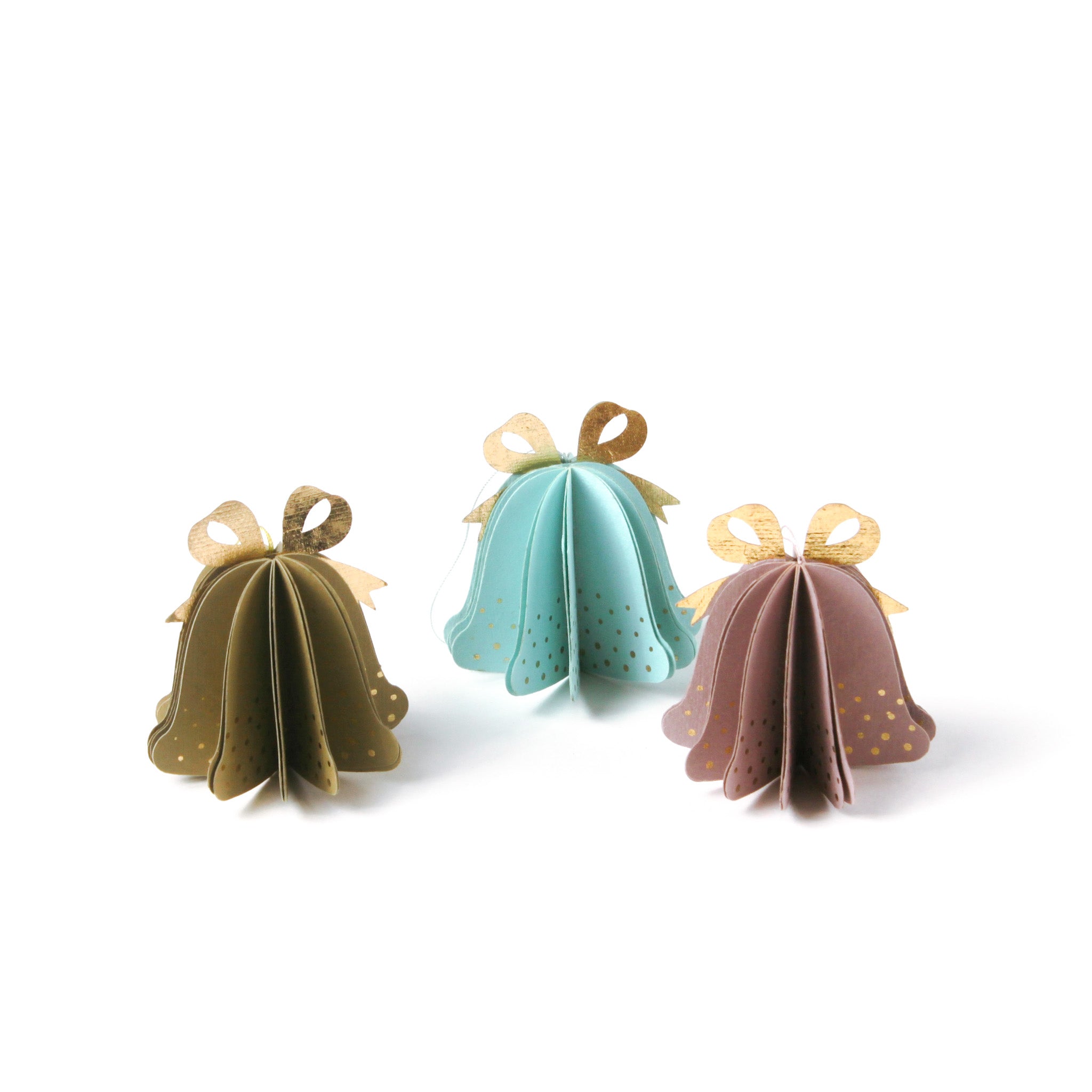 Set of pastel paper Christmas bell ornaments in blue, brown, and pink, featuring metallic gold bows and dotted details