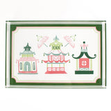 Parasols Pagoda is a pink and green acrylic tray with three pagoda motifs under two parasols. 