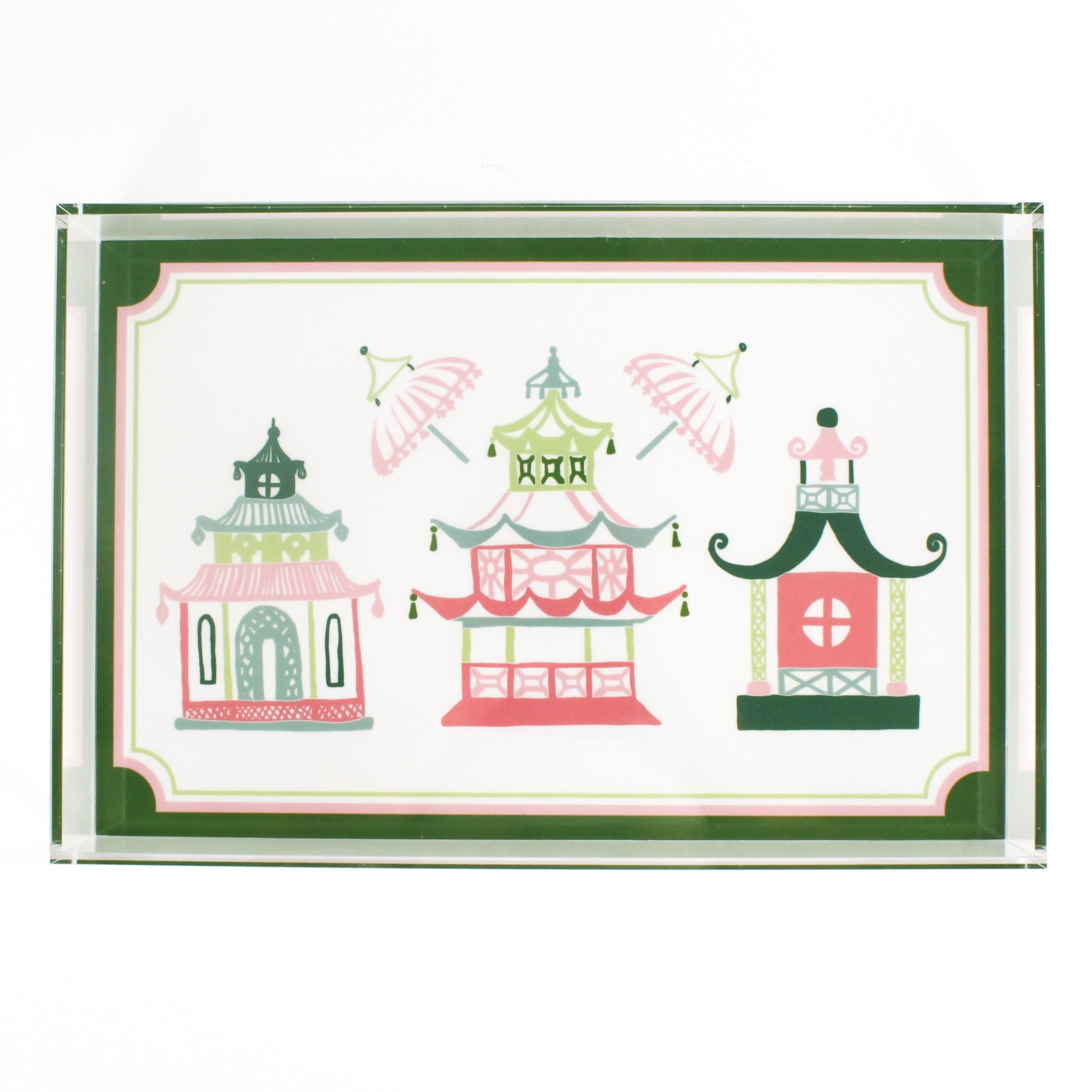 Parasols Pagoda is a pink and green acrylic tray with three pagoda motifs under two parasols. 