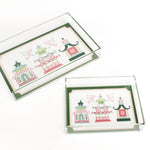 Parasols Pagoda is a pink and green acrylic tray with three pagoda motifs under two parasols. 