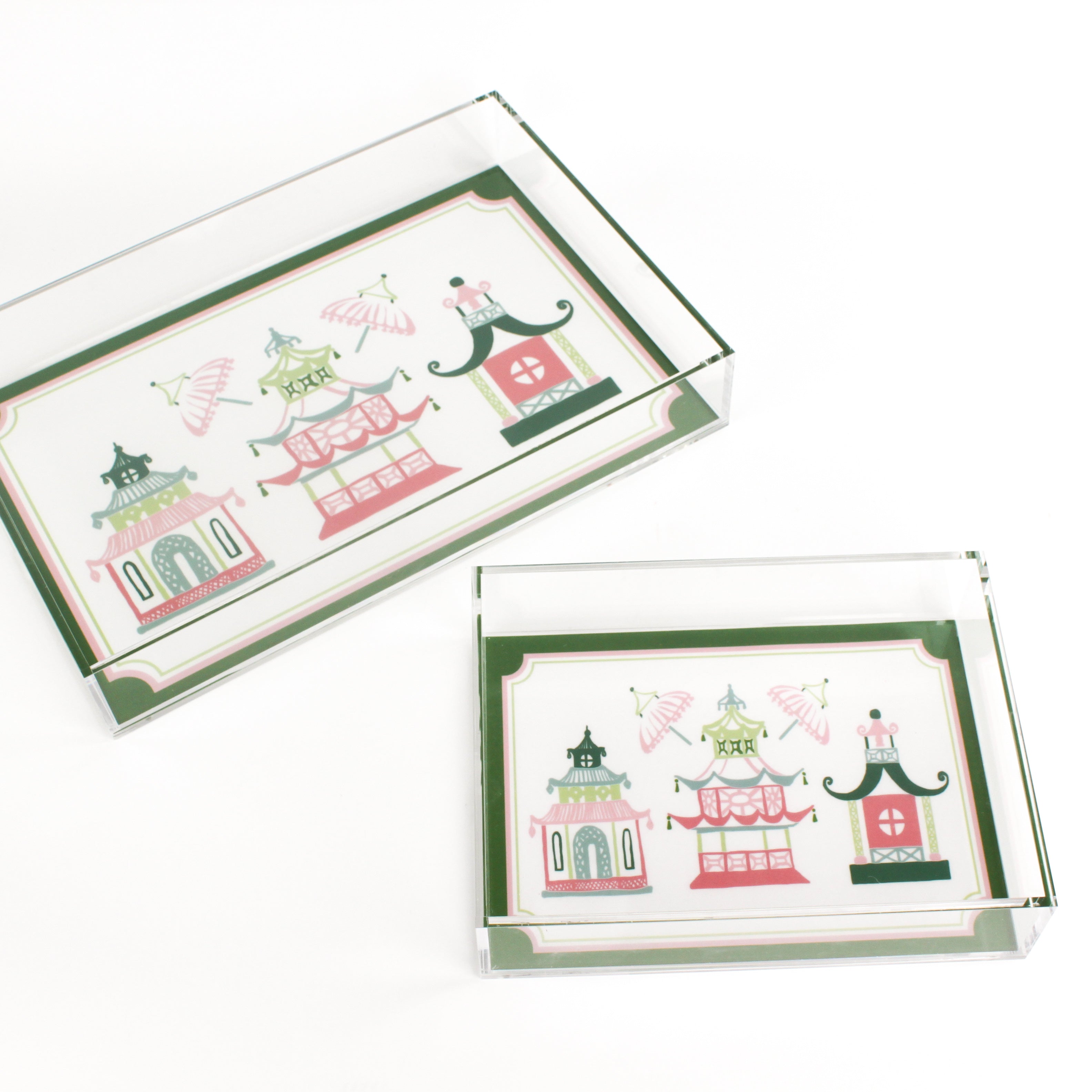 Parasols Pagoda is a pink and green acrylic tray with three pagoda motifs under two parasols. 