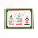 Parasols Pagoda is a pink and green acrylic tray with three pagoda motifs under two parasols. 