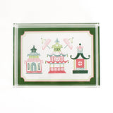 Parasols Pagoda is a pink and green acrylic tray with three pagoda motifs under two parasols. 