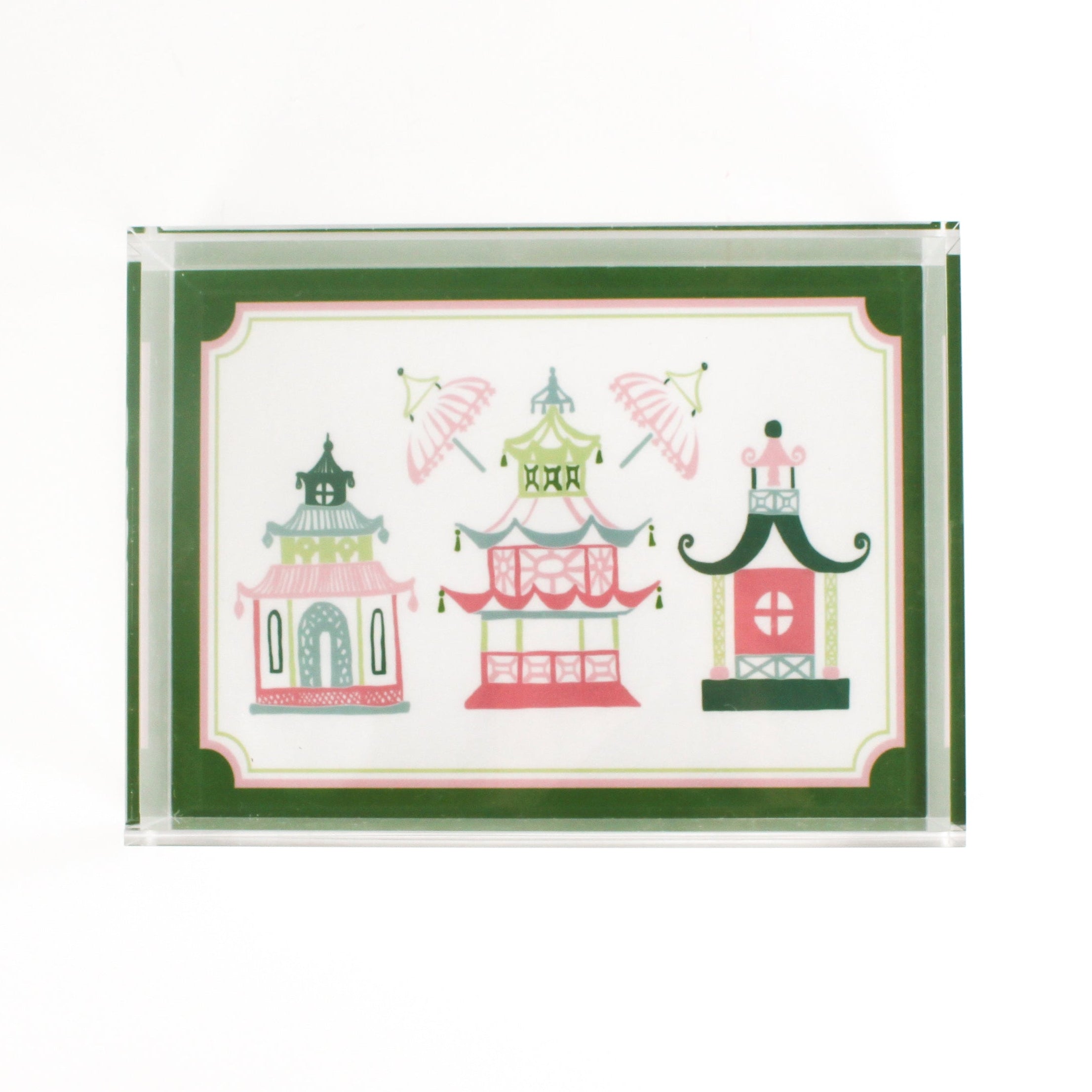 Parasols Pagoda is a pink and green acrylic tray with three pagoda motifs under two parasols. 