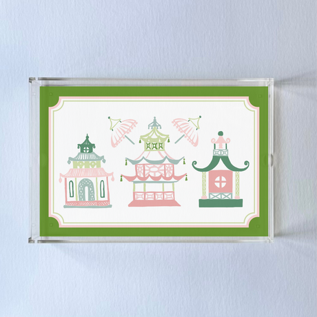 Parasols Pagoda is a pink and green acrylic tray with three pagoda motifs under two parasols. 