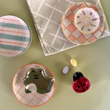 petite frog flower ladybug accent bowls with plaid plates