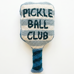 a pickleball paddle shaped pillow that is striped with navy blue text that reads pickle ball club 