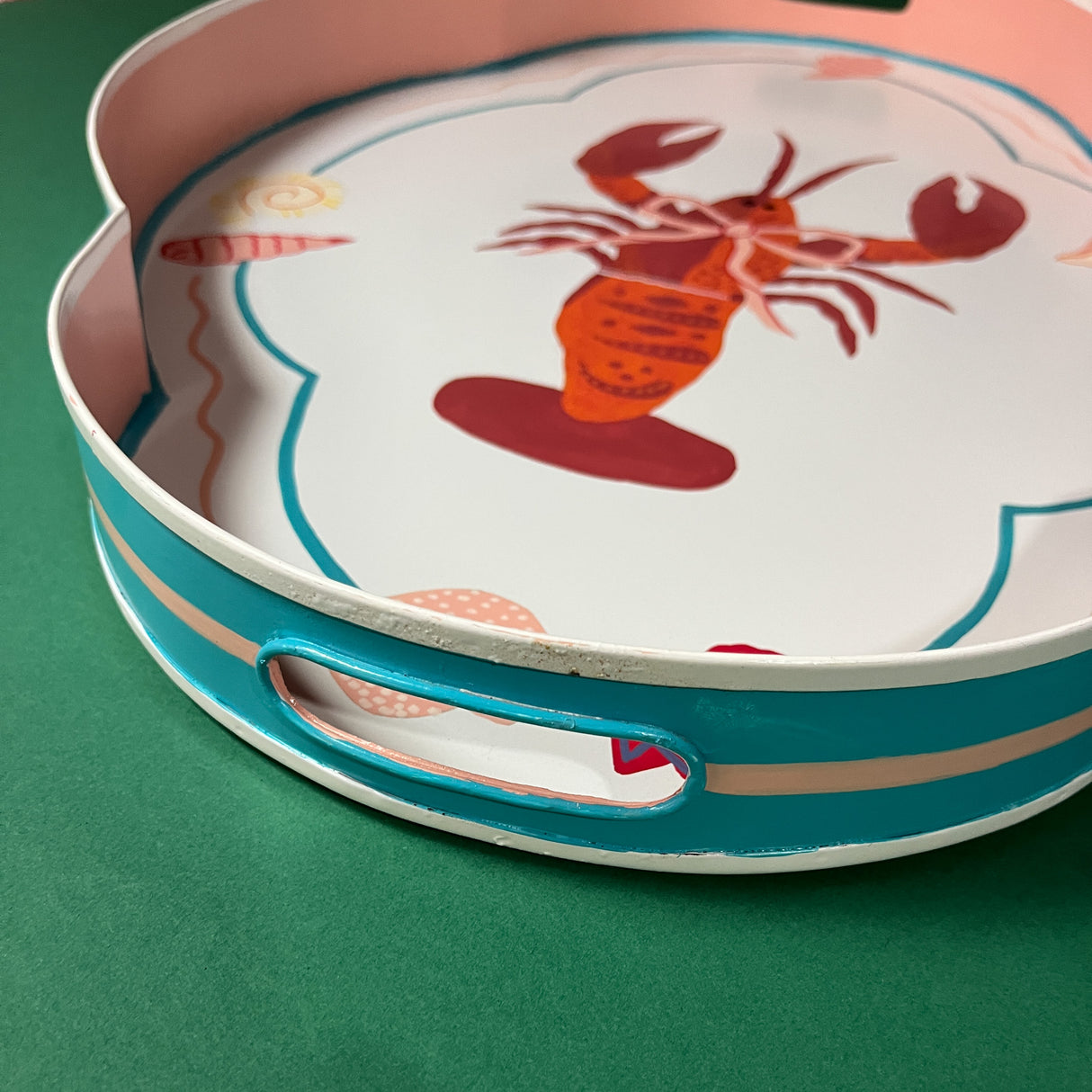 Rock Lobster with Pink Bow Hand-Painted Metal Tole Tray