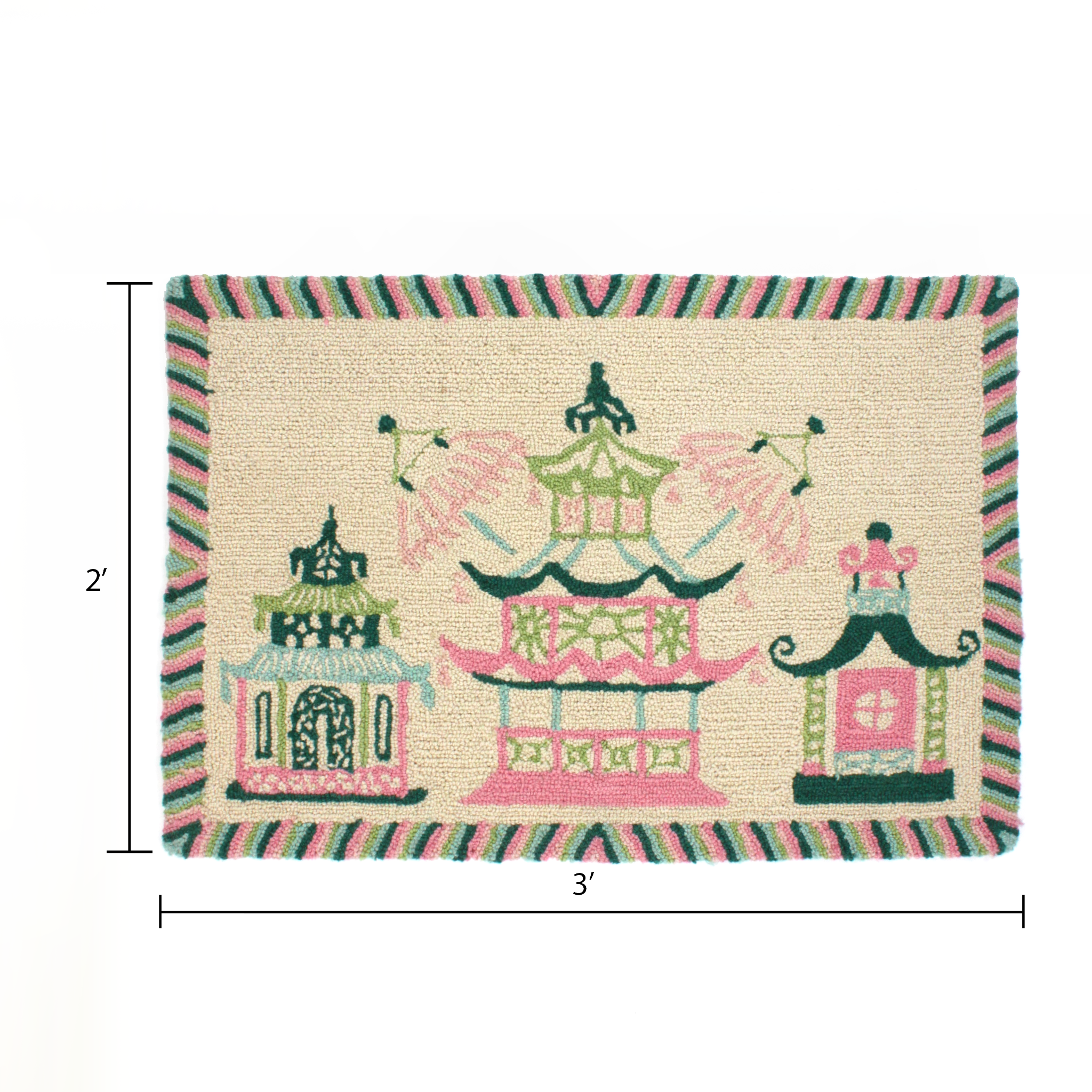 A rectangular pink and green rug with a trio of pagodas in the centre and a green striped border dimensions