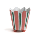 Upright scalloped tole cachepot with hand-painted pink, green, and white vertical stripes.