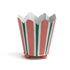 Upright scalloped tole cachepot with hand-painted pink, green, and white vertical stripes.