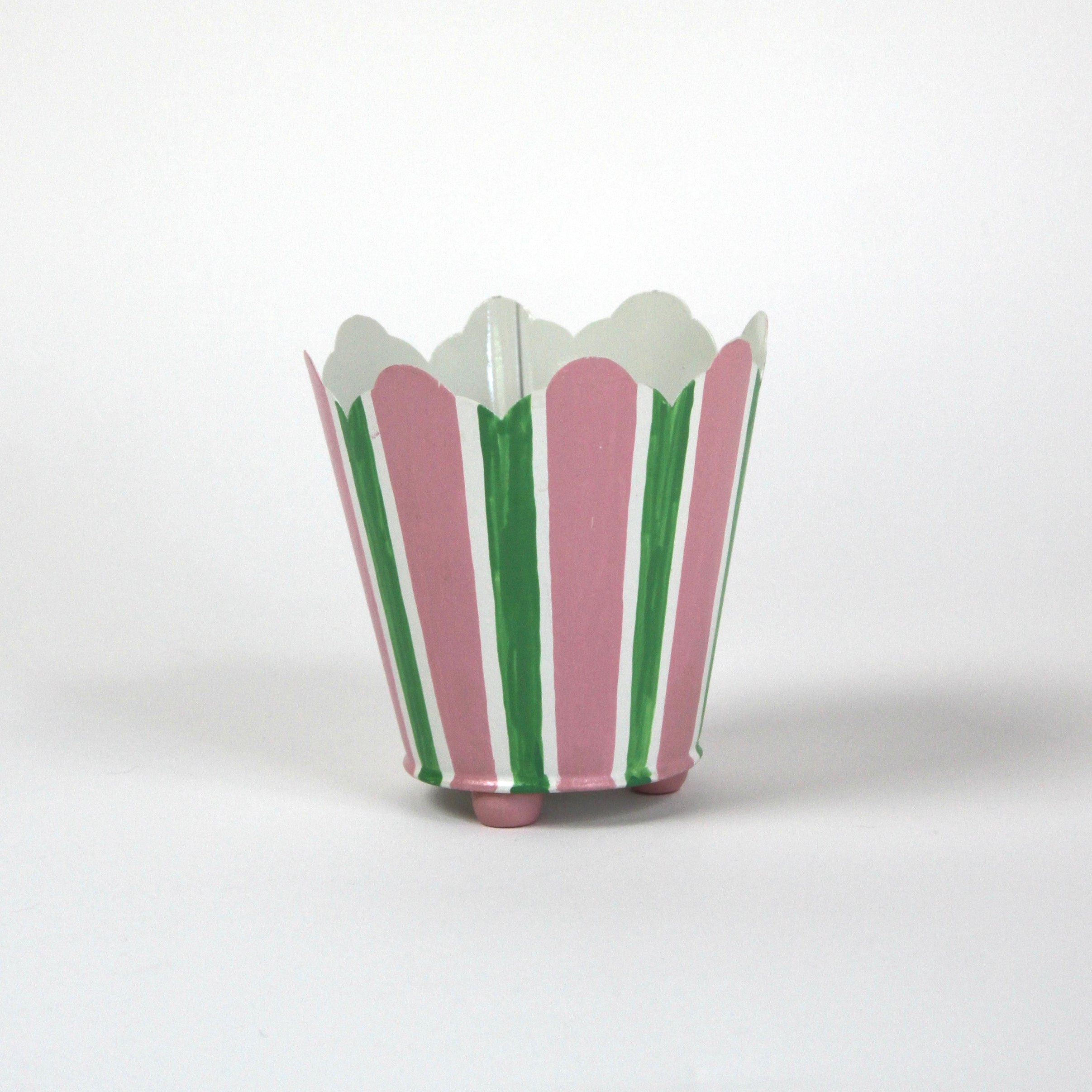 green and pink striped cachepots from madcap cottage