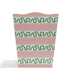 a pink and white striped wastepaper basket in the harbor trail pattern from madcap cottage