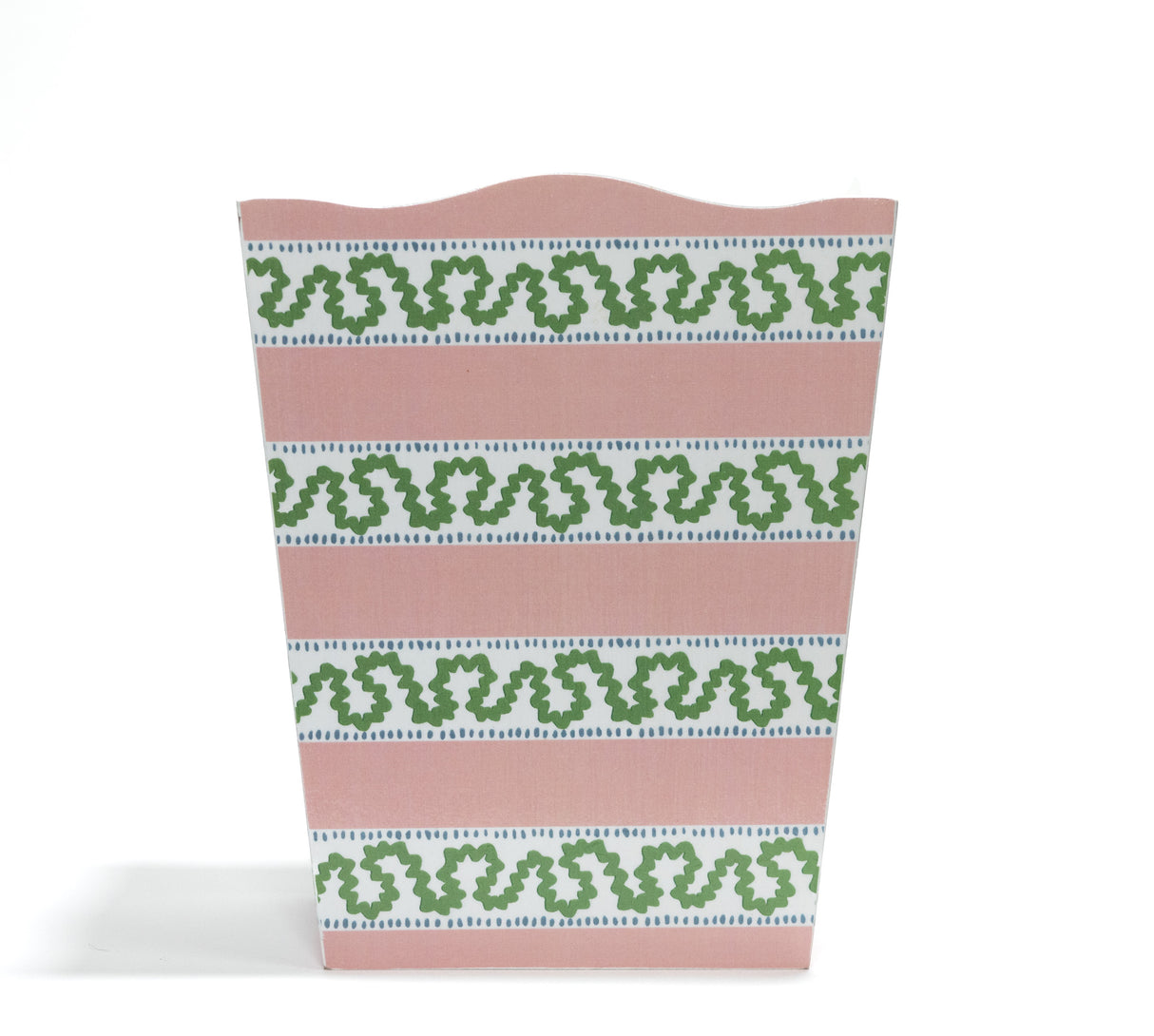 a pink and white striped wastepaper basket in the harbor trail pattern from madcap cottage