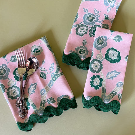 temple garden pink and green chinoiserie cloth dinner napkins with fork and spoon