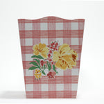 a green gingham wastepaper basket with a central floral motif from madcap cottage