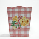 a green gingham wastepaper basket with a central floral motif from madcap cottage