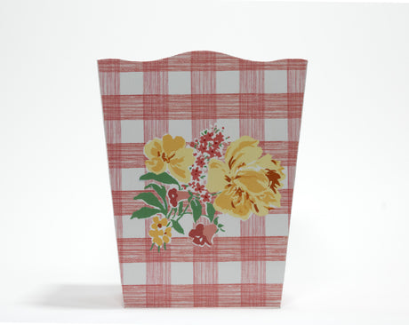 a green gingham wastepaper basket with a central floral motif from madcap cottage