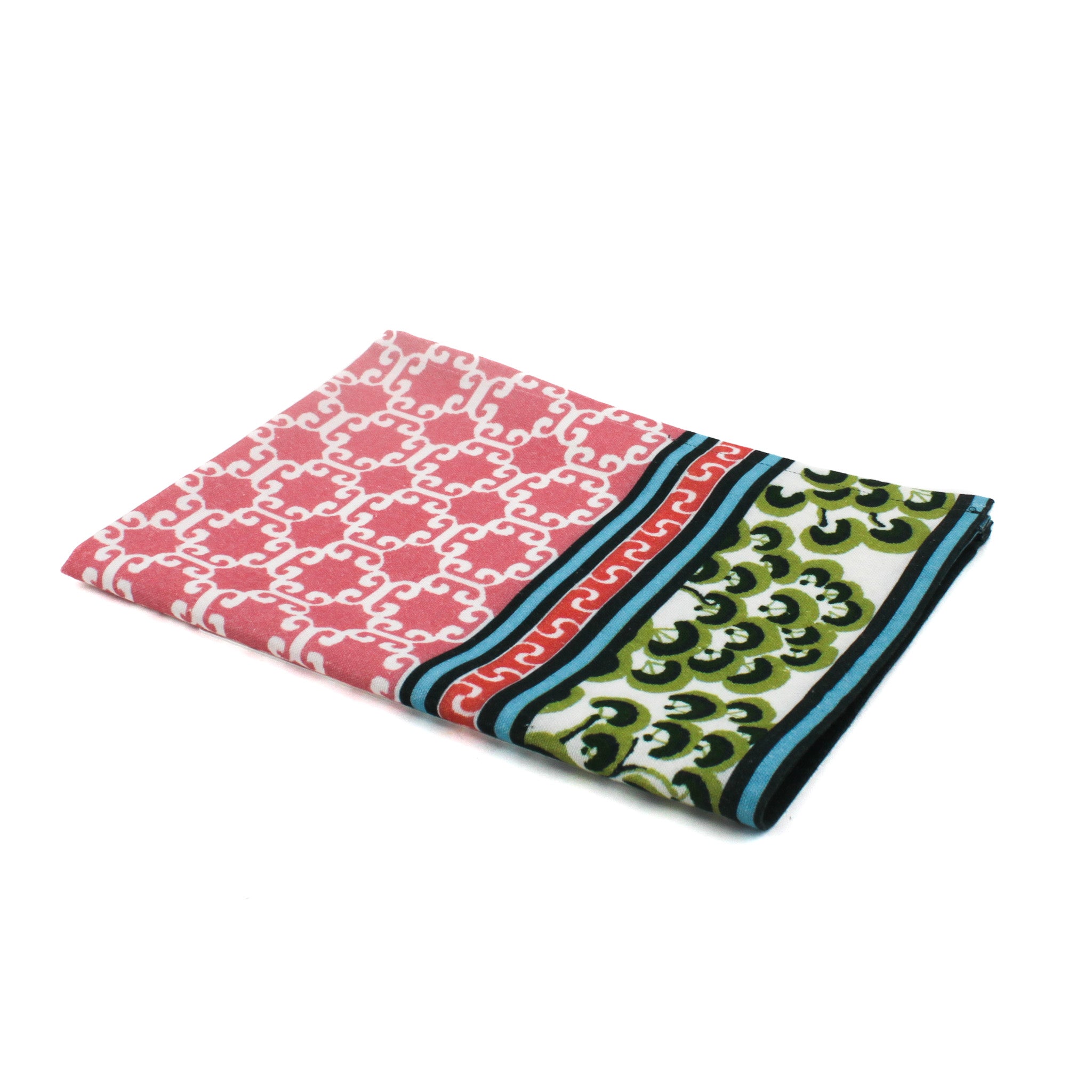 A pink and green chinoiserie tea towel featuring a central pink lattice pattern and green floral border against a white background. 