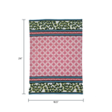 A pink and green chinoiserie tea towel featuring a central pink lattice pattern and green floral border against a white background with dimensions that read 24" x 18.5"