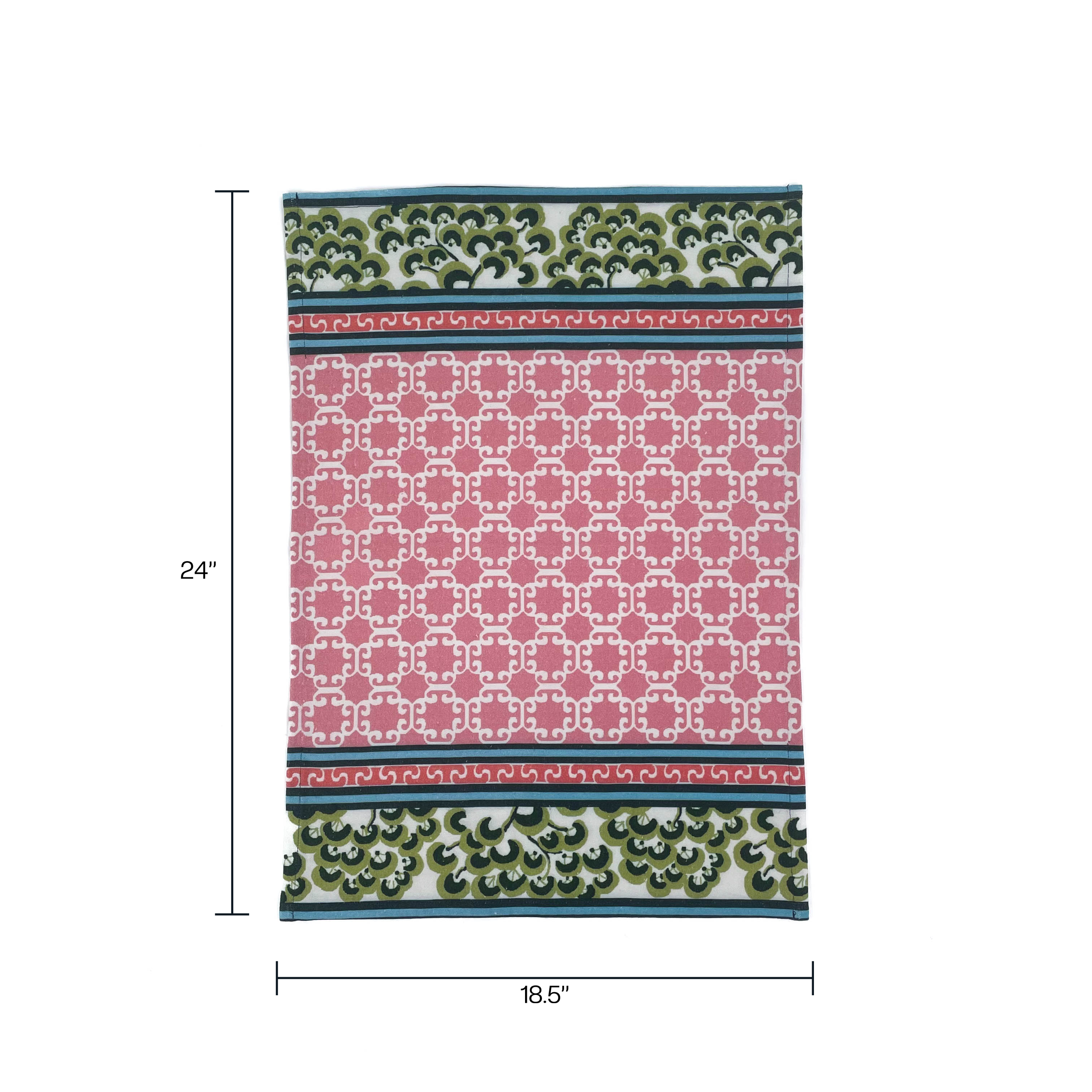 A pink and green chinoiserie tea towel featuring a central pink lattice pattern and green floral border against a white background with dimensions that read 24" x 18.5"