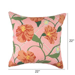 Pink tropical outdoor pillow, twenty-two inches square.