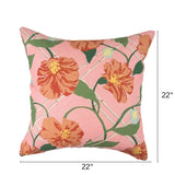 Pink tropical outdoor pillow, twenty-two inches square.