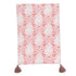 a white and pink pineapple tea towel with pink and green tassels against a white background. 
