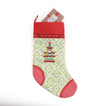 Red and green chinoiserie Christmas stocking with a  pagoda design on a white background