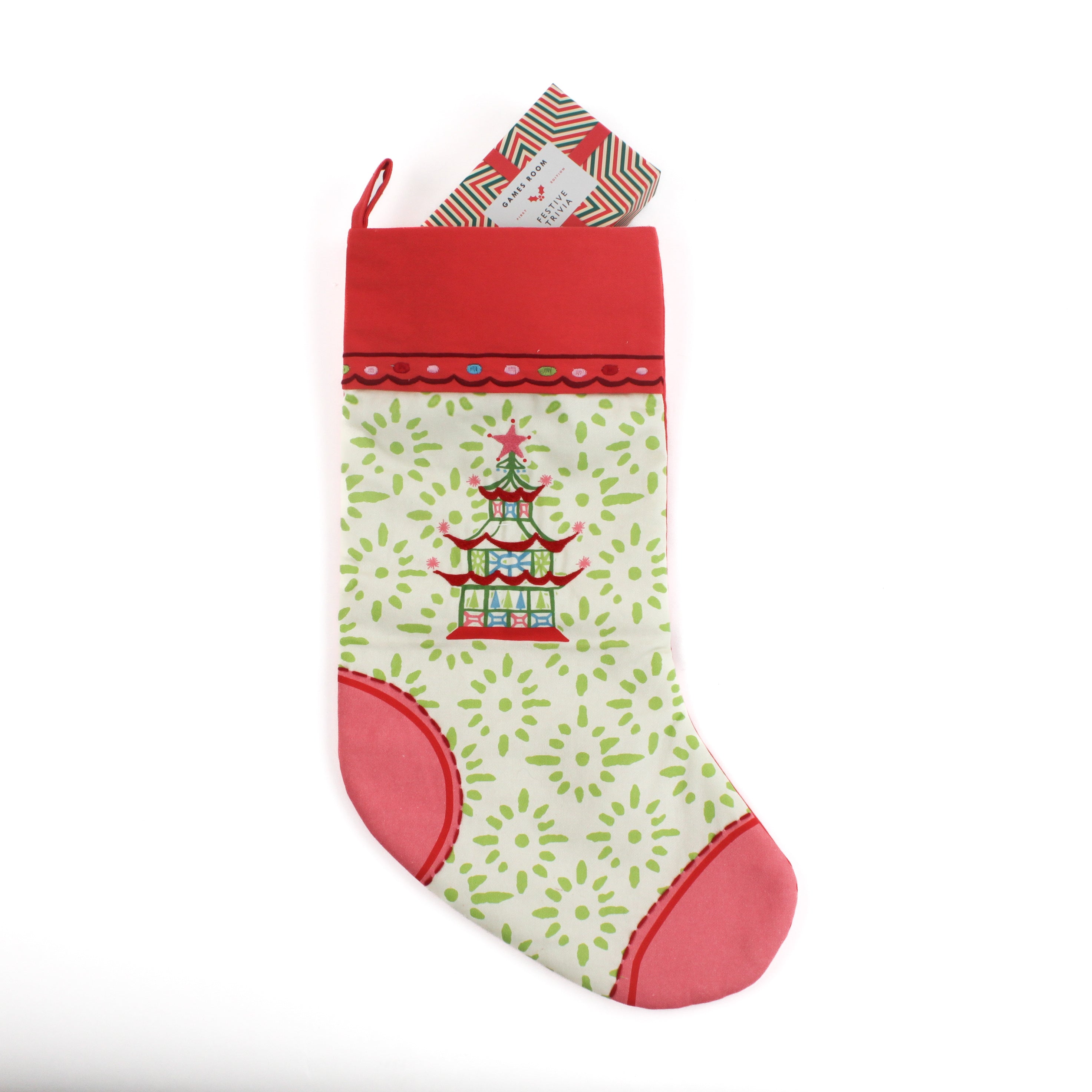 Red and green chinoiserie Christmas stocking with a  pagoda design on a white background