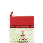 Red and green chinoiserie Christmas stocking with a  pagoda design on a white background