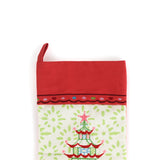 Red and green chinoiserie Christmas stocking with a  pagoda design on a white background