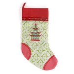 Red and green chinoiserie Christmas stocking with a  pagoda design on a white background
