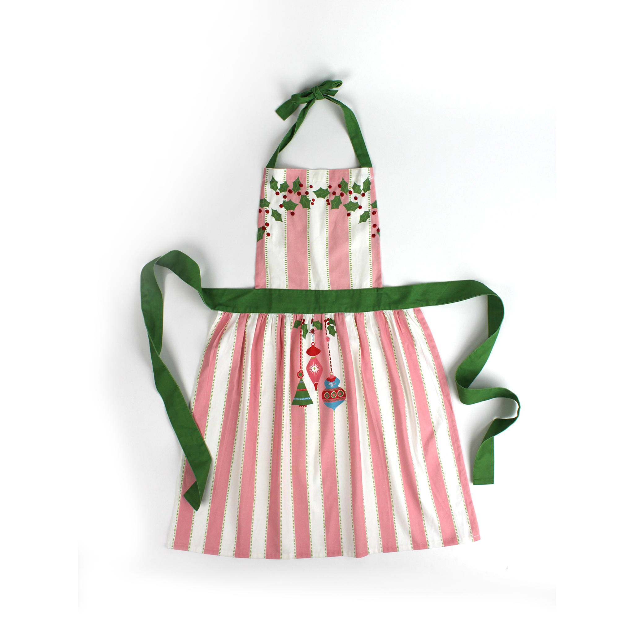 Madcap Cottage Pink and White Striped apron with Christmas designs on a white background