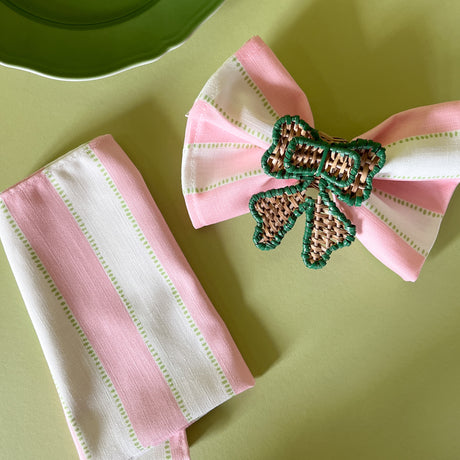 cabana boy pink striped napkin with rattan bow napkin ring