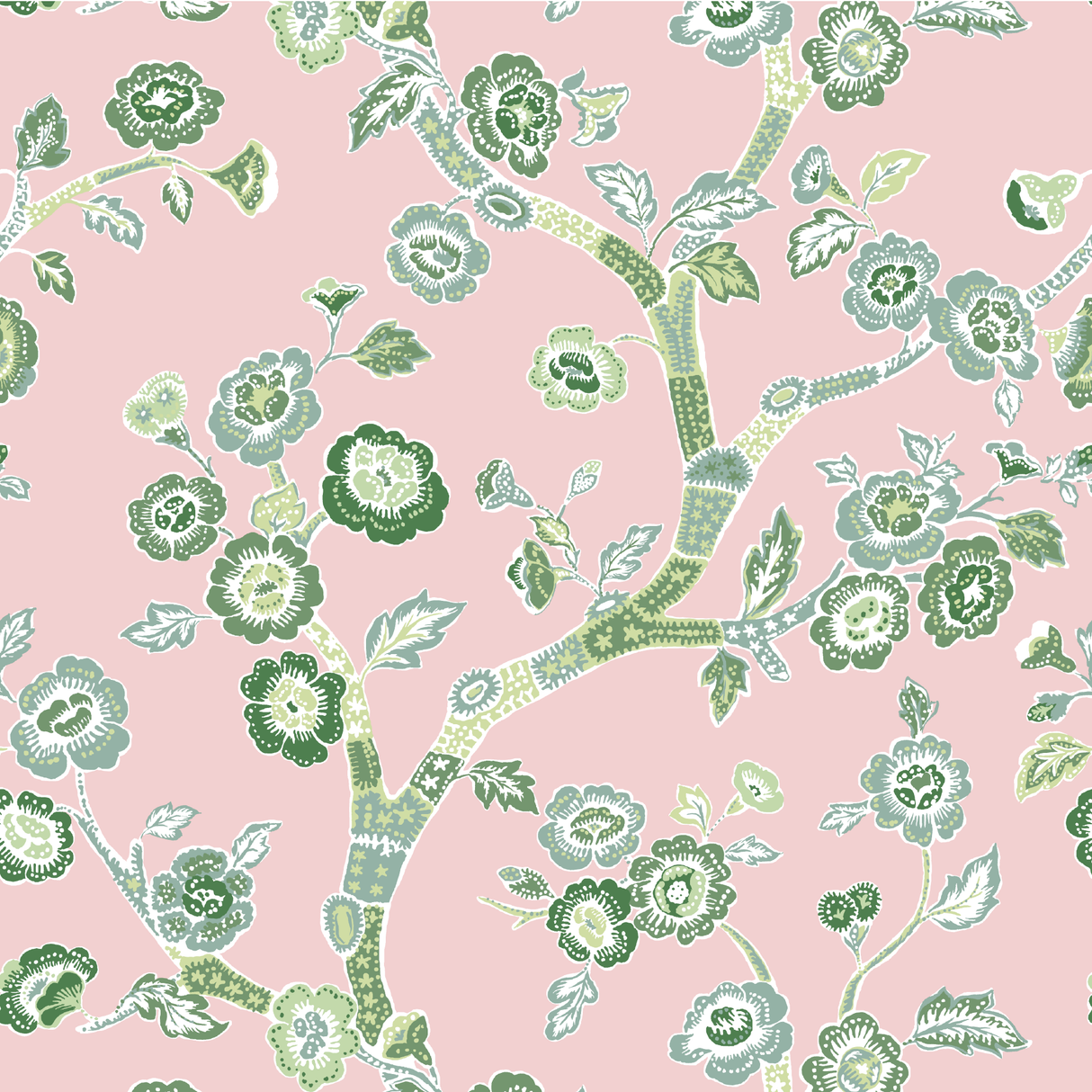 A green pink and white chinoiserie fabric sample featuring green cherry blossom motifs on a pink background. 