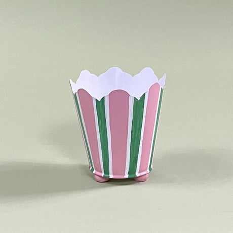 pink and green striped tole metal cachepot