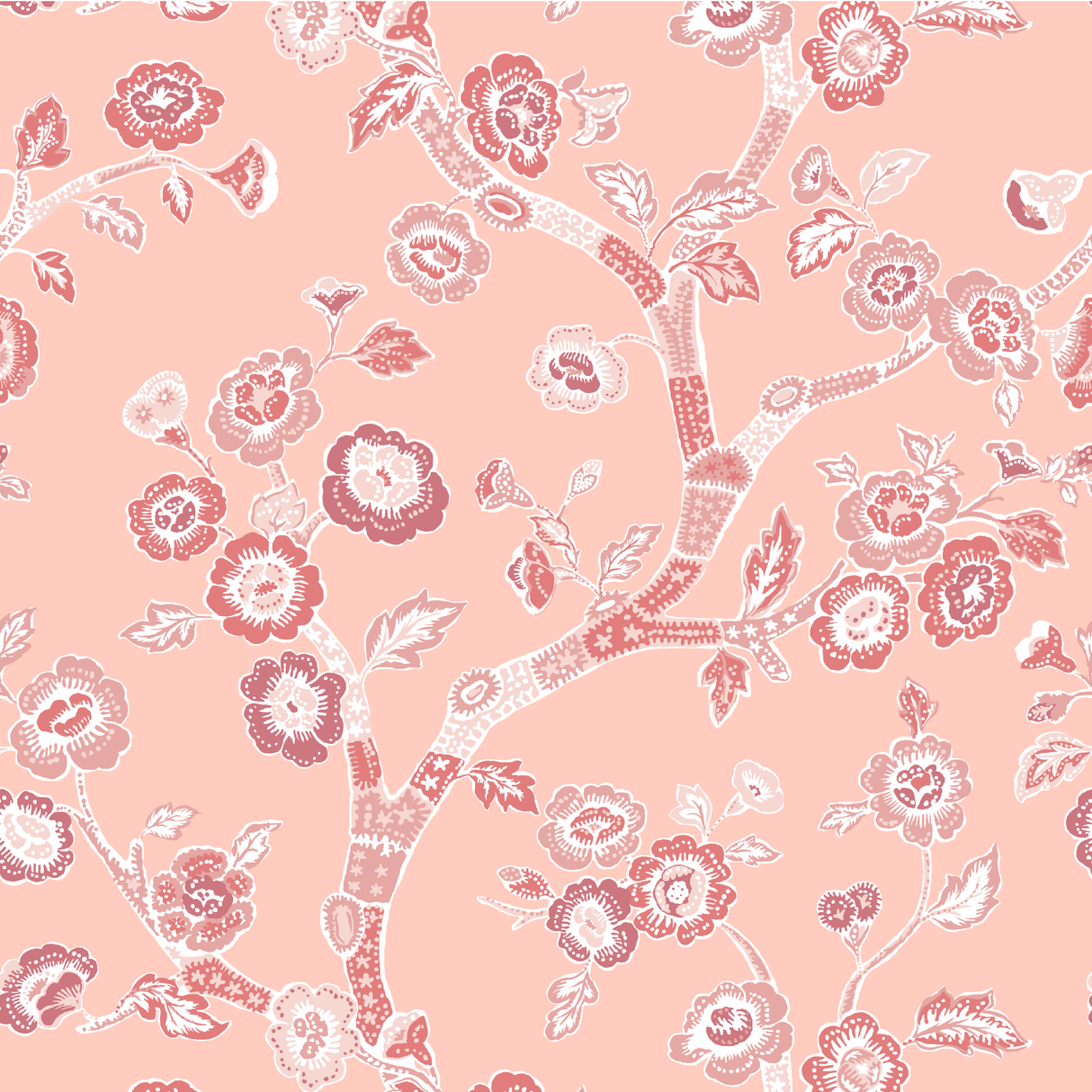 A pink and white chinoiserie fabric sample featuring pink cherry blossom motifs on a pink background.  