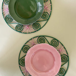 Pink/Green Hand-woven Round Rattan Placemats with pink and green plates