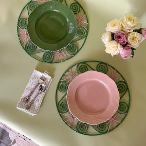 Pink/Green Hand-woven Round Rattan Placemats tabletop flatlay